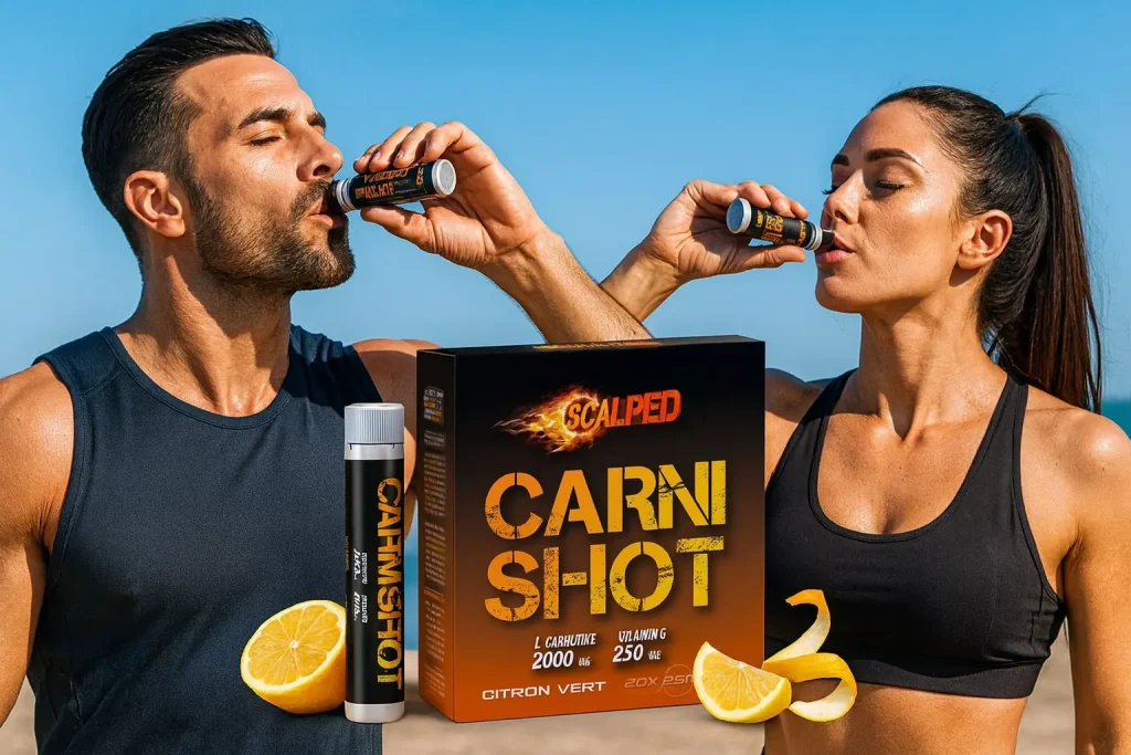 homme et femme avec bruleur de graisses saveur citron carni shot scalped