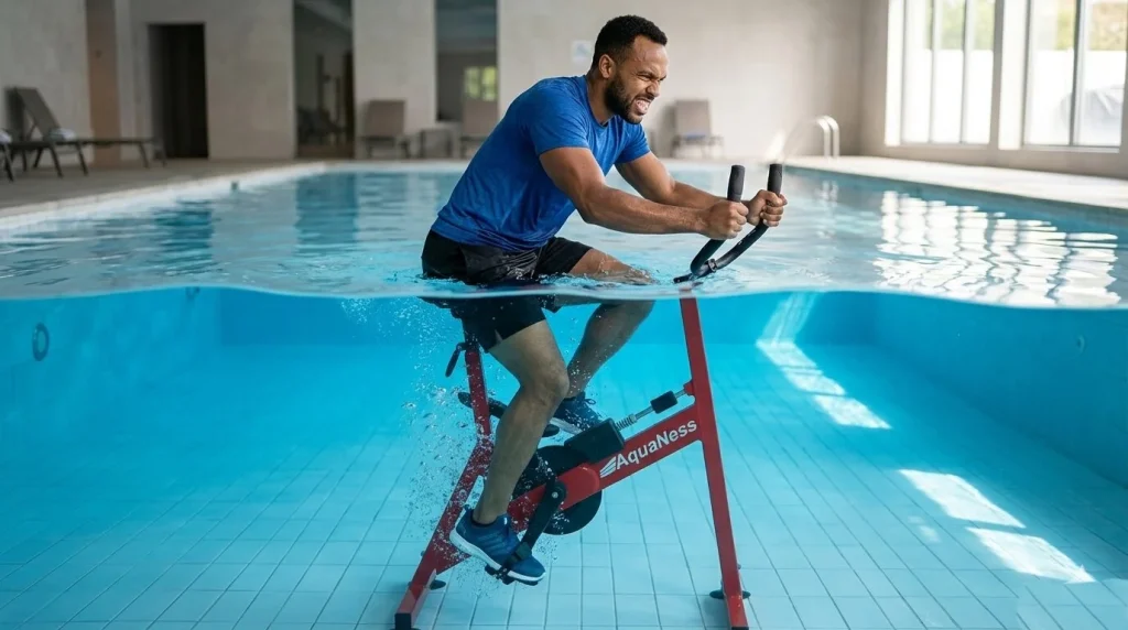 homme sur un v&eacute;lo de piscine aquabike aquaness V2 rouge