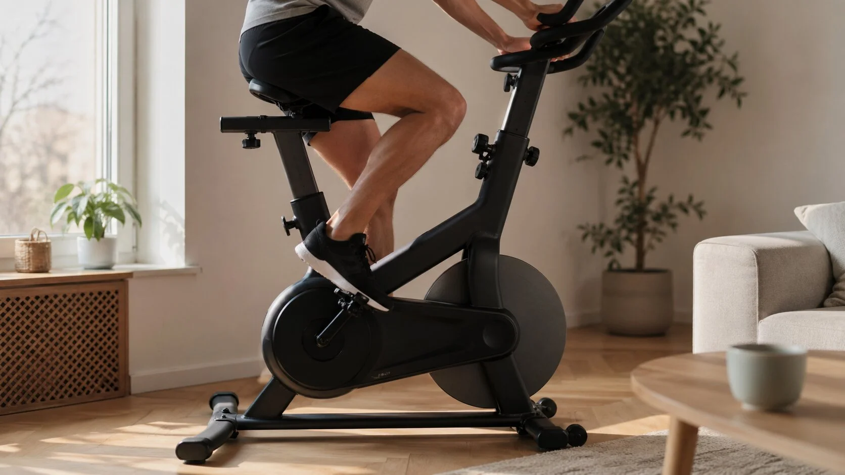 Personne p&eacute;dalant sur un v&eacute;lo d'appartement dans un salon scandinave lumineux