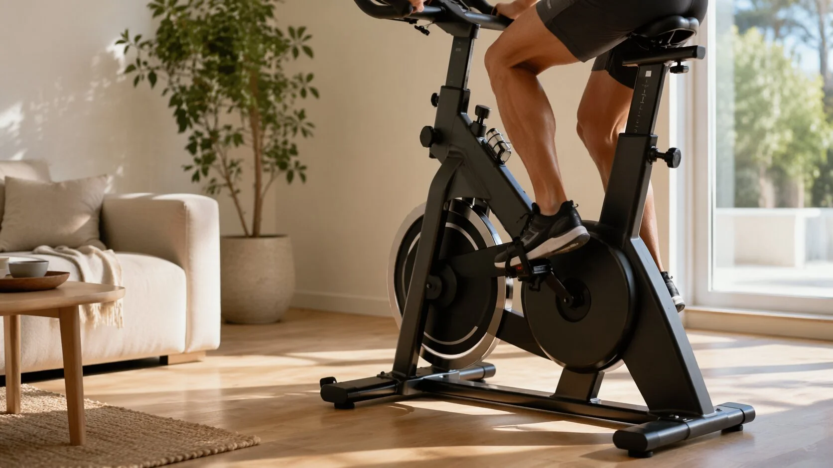 P&eacute;dalage sur un v&eacute;lo d'appartement