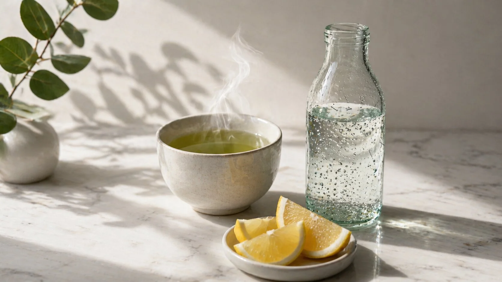 Tasse de th&eacute; vert et bouteille d'eau p&eacute;tillante pos&eacute;es sur une table, alternatives au chewing gum pendant le je&ucirc;ne intermittent