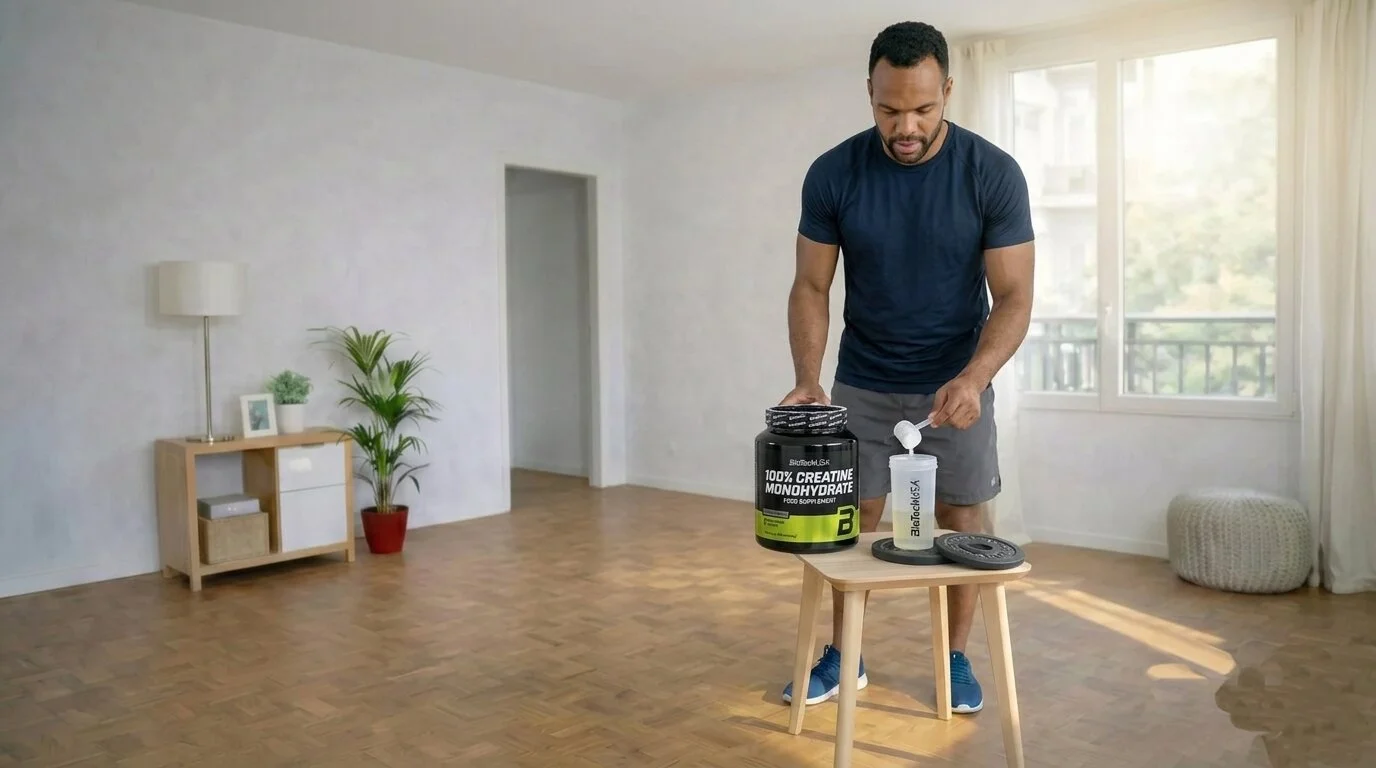 Homme avec pot de cr&eacute;atine monohydrate BioTech USA avec sa dosette