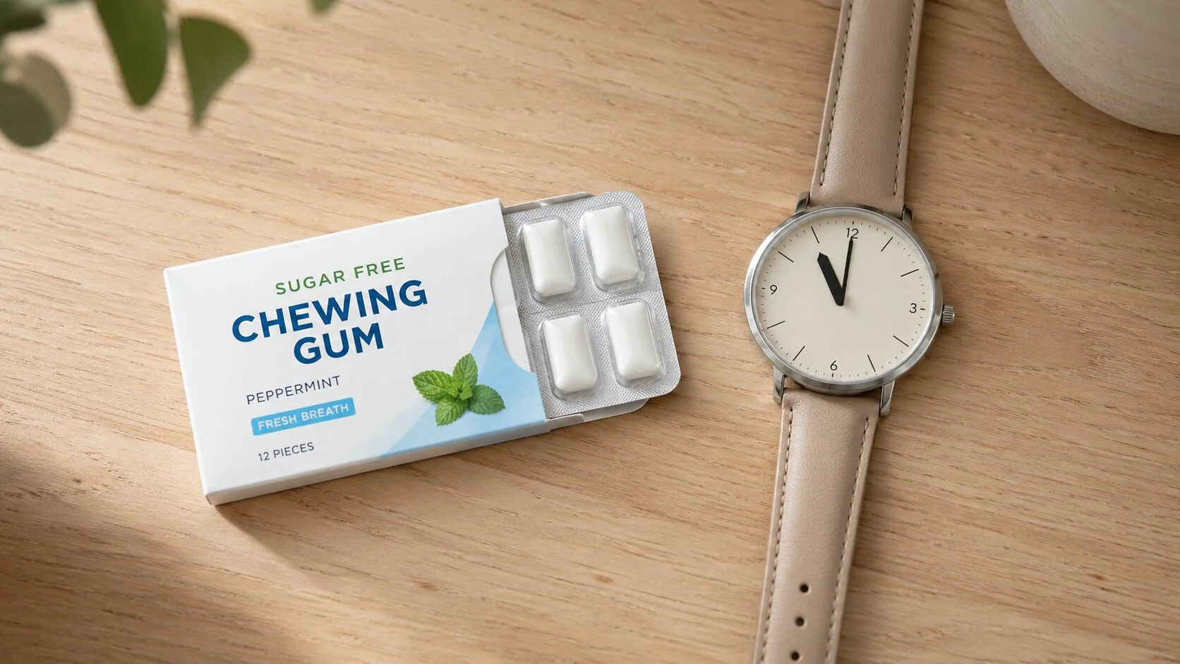 Plaquette de chewing gum sans sucre pos&eacute;e &agrave; c&ocirc;t&eacute; d'une montre indiquant 11h, illustrant le je&ucirc;ne intermittent