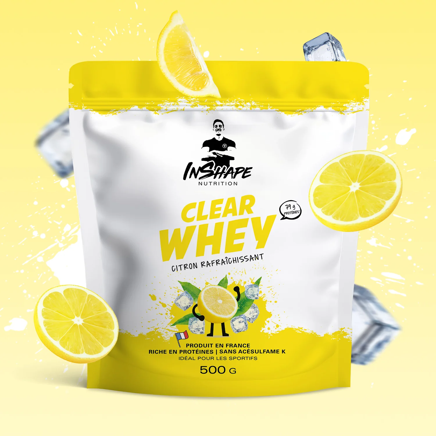 InShape Nutrition Clear Whey prot&eacute;ine poudre saveur citron fond blanc