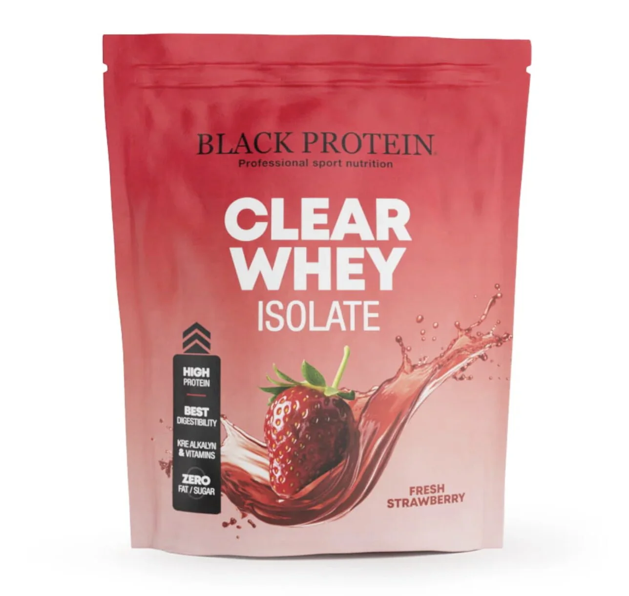 Black Protein Clear Whey Isolate doypack 600g saveur fraise sur fond blanc