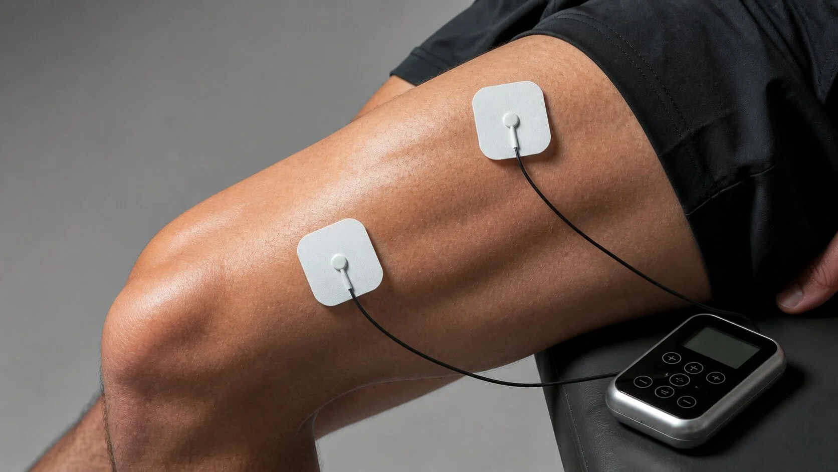 &Eacute;lectrostimulation : pose d'&eacute;lectrodes sur les quadriceps lors d'une s&eacute;ance de renforcement musculaire