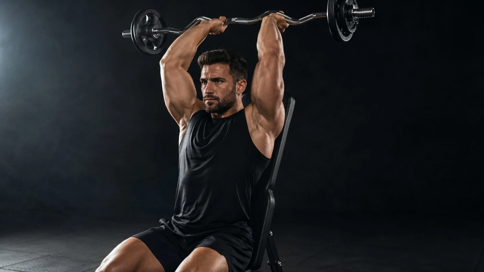 French press musculation avec barre EZ sur banc inclinable, exercice triceps longue portion