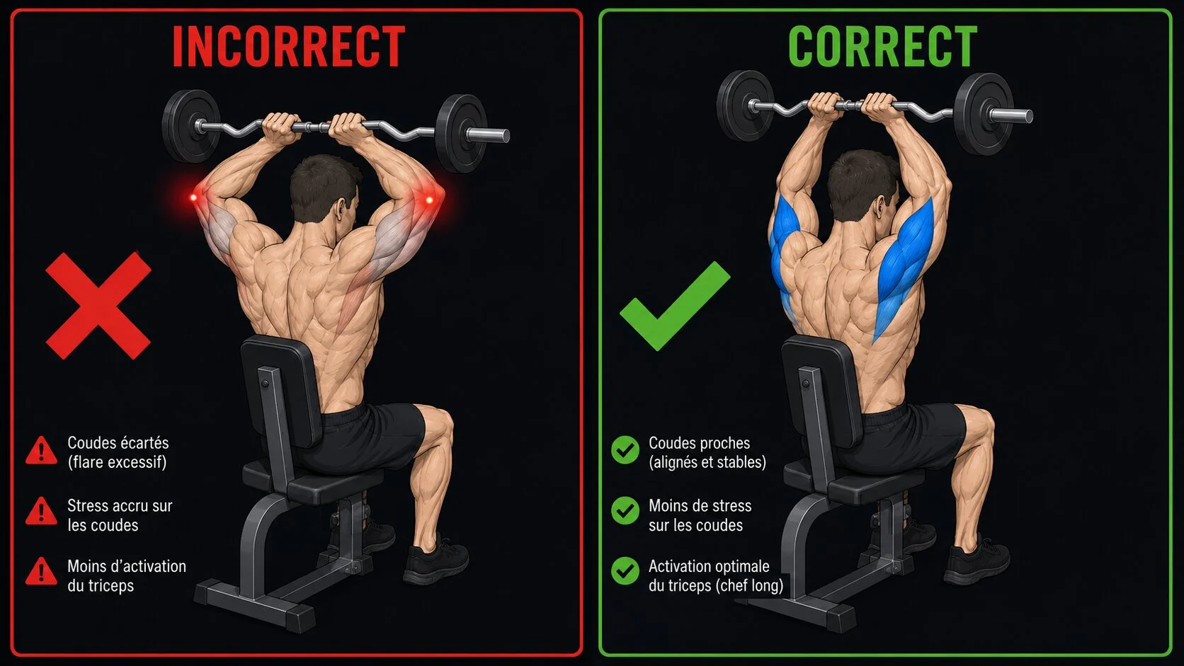 Erreurs french press musculation : coudes écartés (faux) vs coudes alignés (correct) — vue comparée