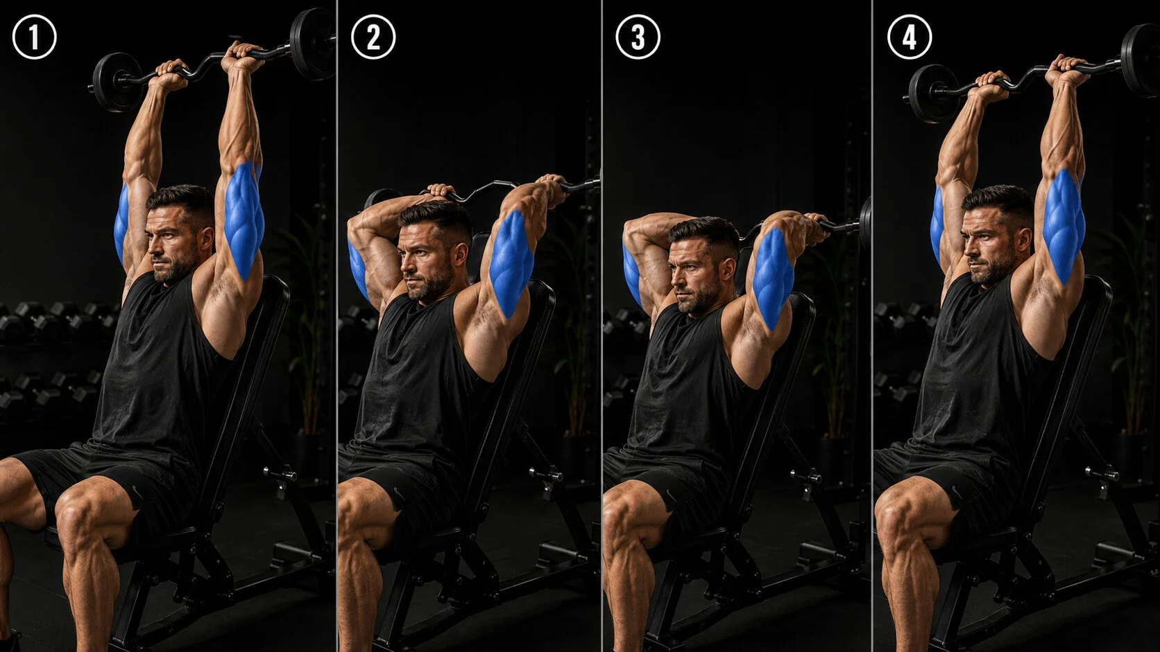 Technique french press musculation étape par étape : position départ, descente, montée avec annotations