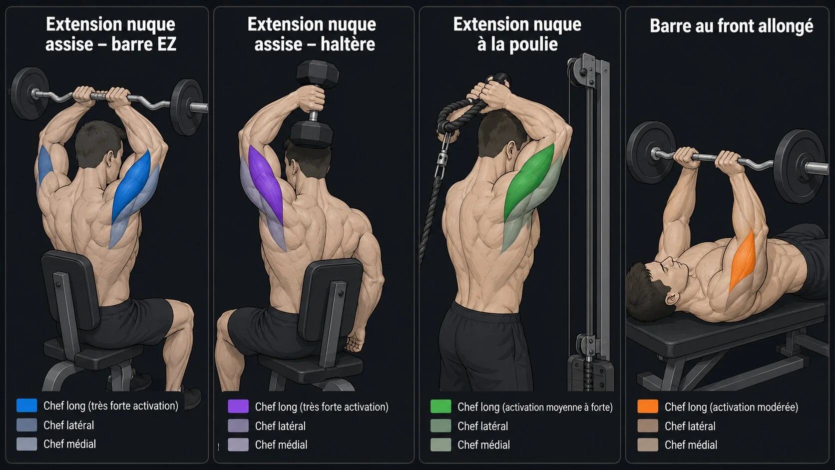 Comparatif 4 variantes french press : barre EZ assis, haltères assis, poulie haute, skull crusher couché — activation musculaire