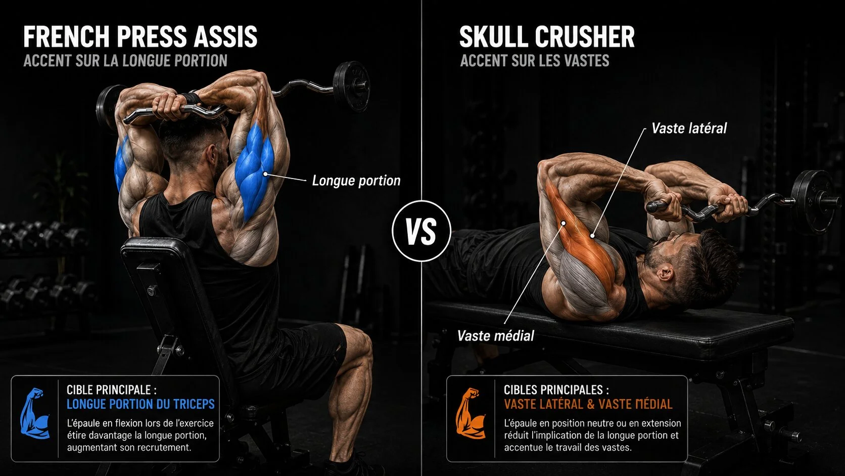 French press assis vs skull crusher couché : différence de position et de muscles ciblés côte à côte