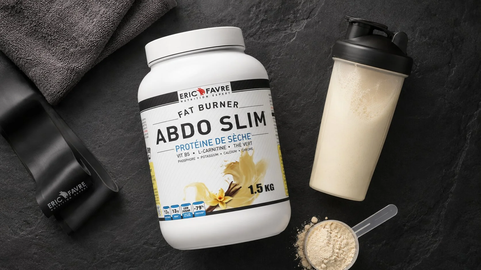 Test Abdo Slim Eric Favre prot&eacute;ine de s&egrave;che vanille, pot 1,5 kg avec shaker