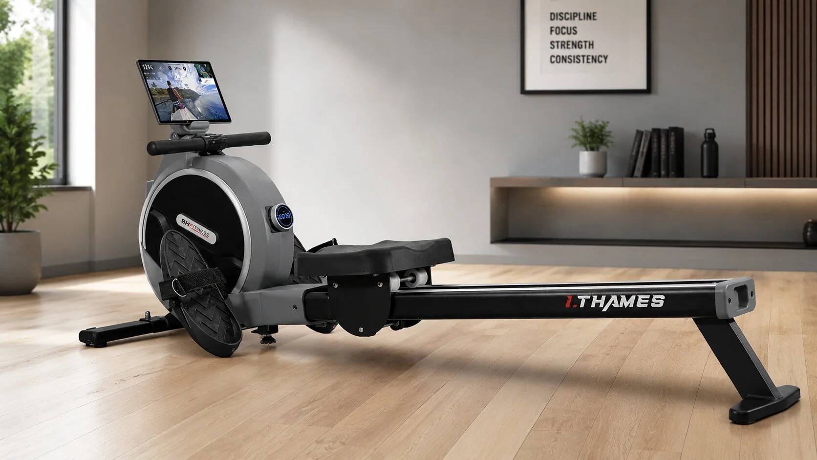 Rameur BH Fitness i.Thames R311 FTMS installé dans un salon pour test