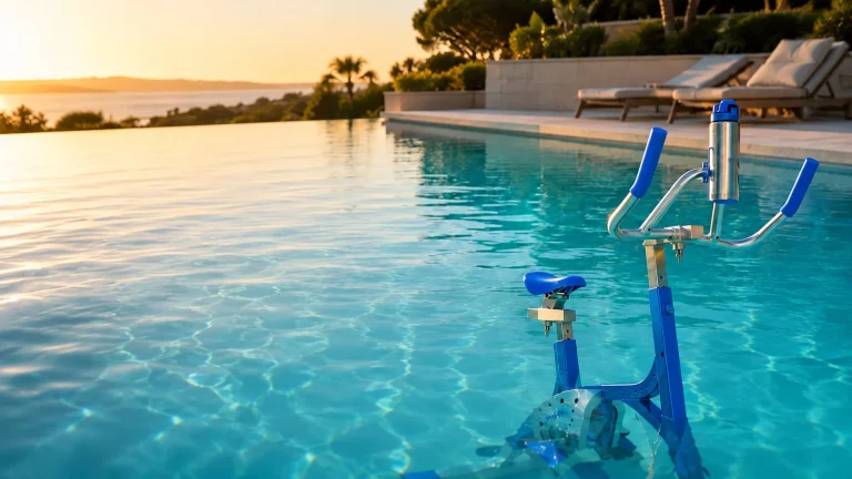 Aquabike WR MAX Waterflex en test dans une piscine privée avec structure aluminium bleu anodisé