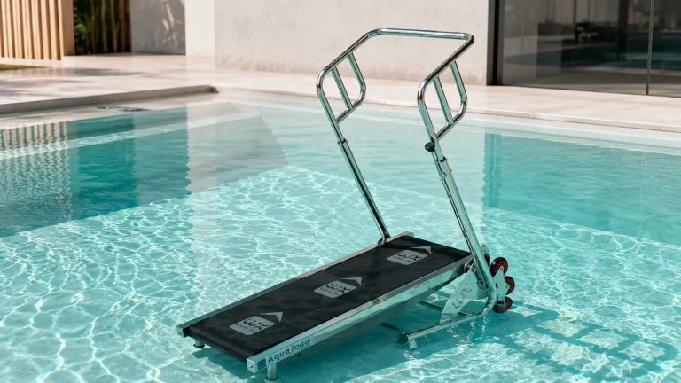 Tapis de marche aquatique Aquajogg Waterflex dans une piscine avec reflets d'eau