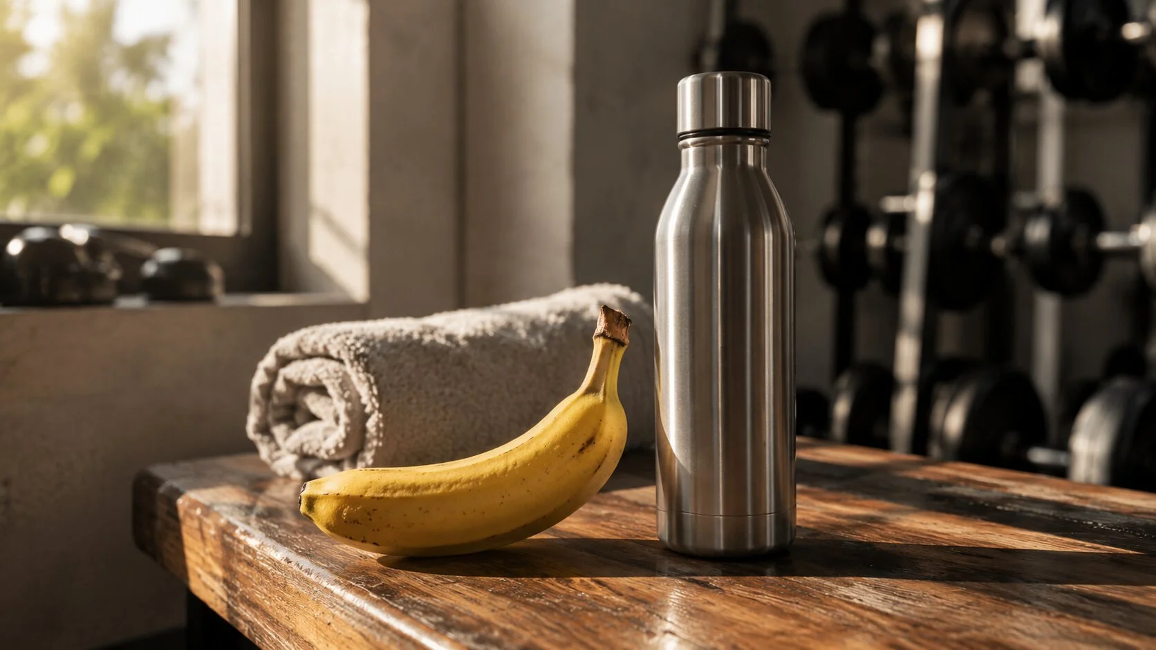Banane et gourde d'eau pos&eacute;es sur un banc apr&egrave;s une s&eacute;ance de sport, collation de r&eacute;cup&eacute;ration