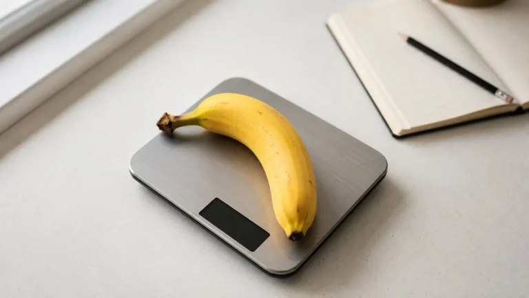 Banane fraîche posée sur une balance de cuisine numérique à côté d'un carnet de suivi nutritionnel