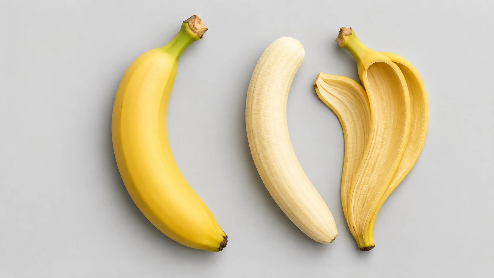 Banane enti&egrave;re et banane &eacute;pluch&eacute;e c&ocirc;te &agrave; c&ocirc;te, pour illustrer la part de la peau dans les calories d'une banane
