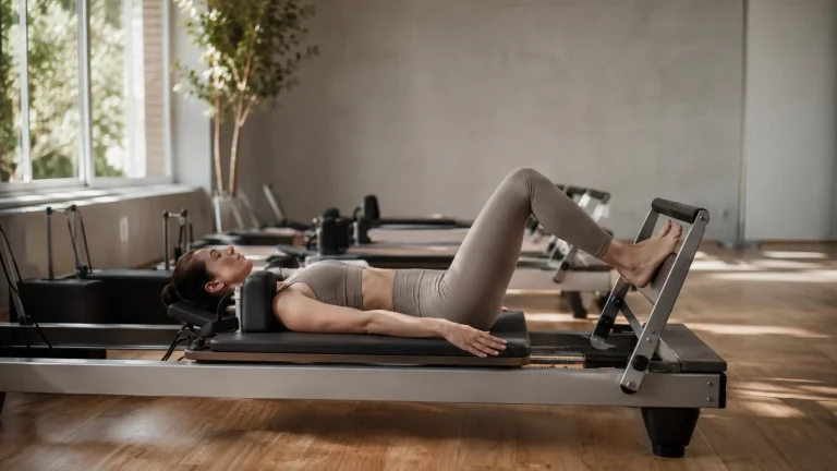 Femme réalisant un exercice de Pilates reformer dans un studio lumineux
