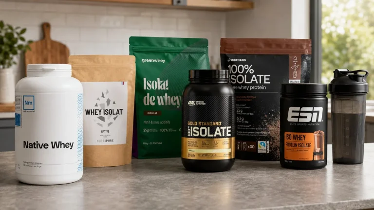 Plusieurs pots de whey protéine et un shaker sur un plan de travail