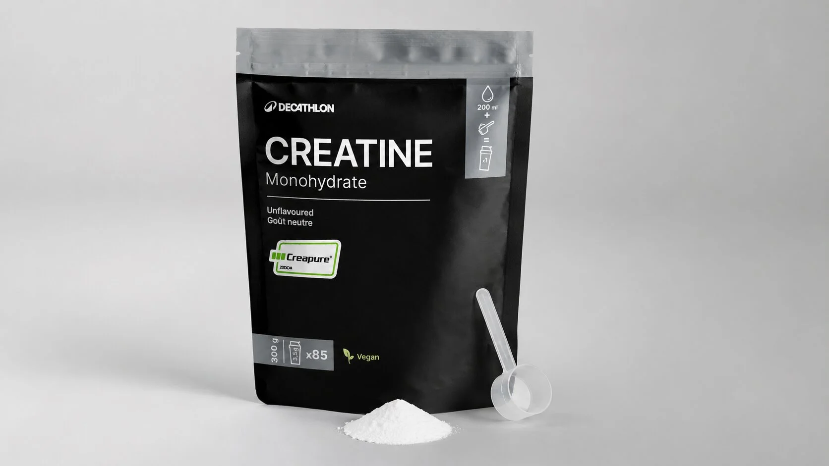 Sachet de cr&eacute;atine monohydrate Creapure Decathlon go&ucirc;t neutre avec sa dosette