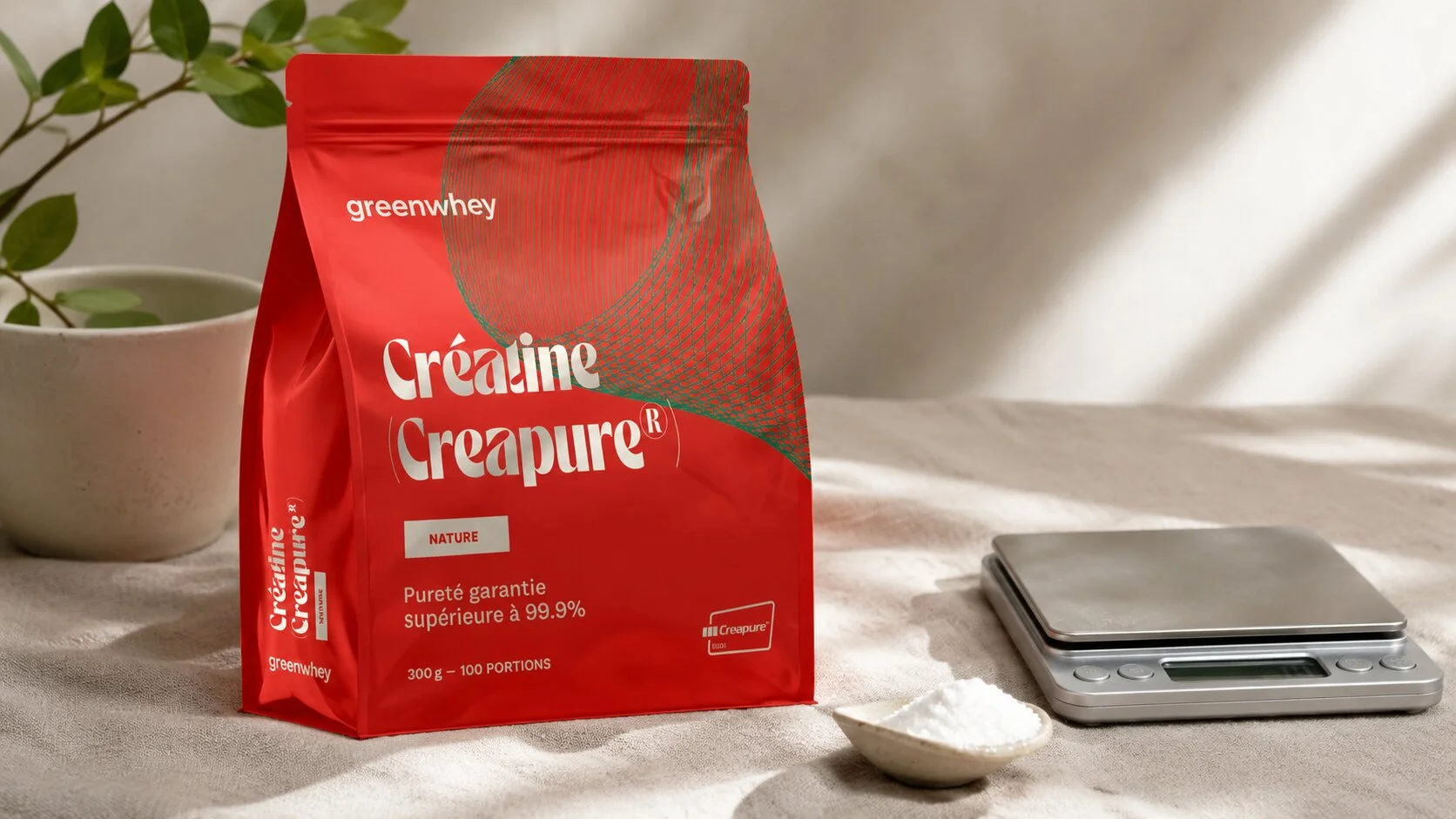 Sachet recyclable de cr&eacute;atine monohydrate Creapure GreenWhey 300 g sans doseur plastique
