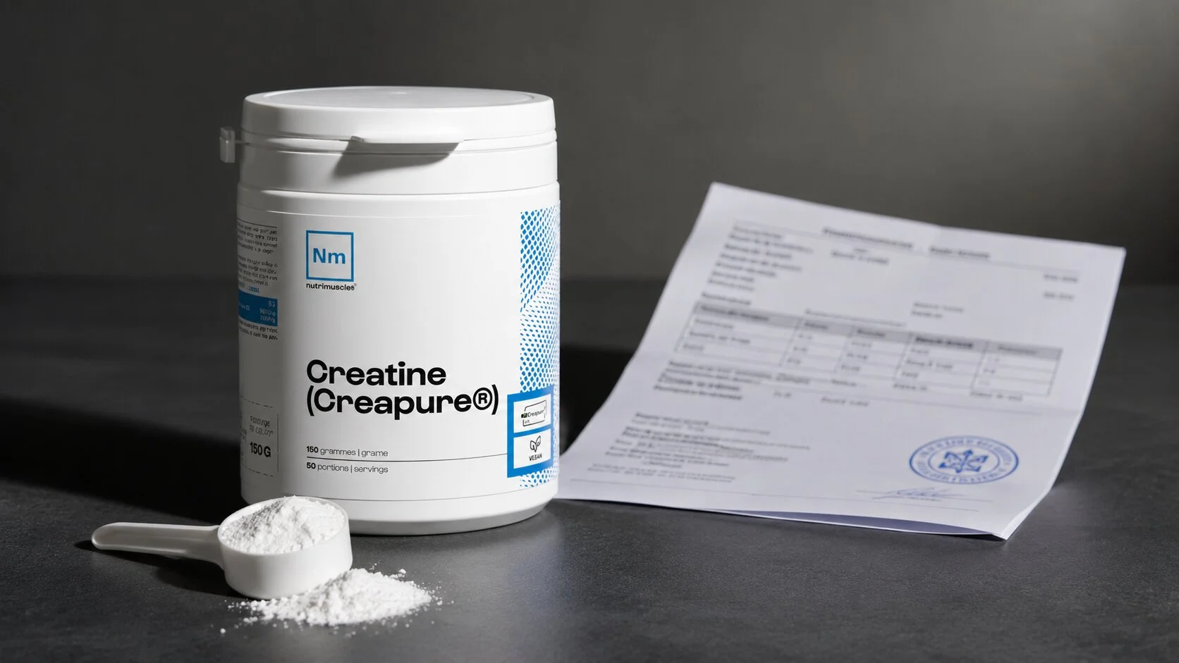 Pot de cr&eacute;atine monohydrate Creapure Nutrimuscle en poudre avec son certificat d'analyse