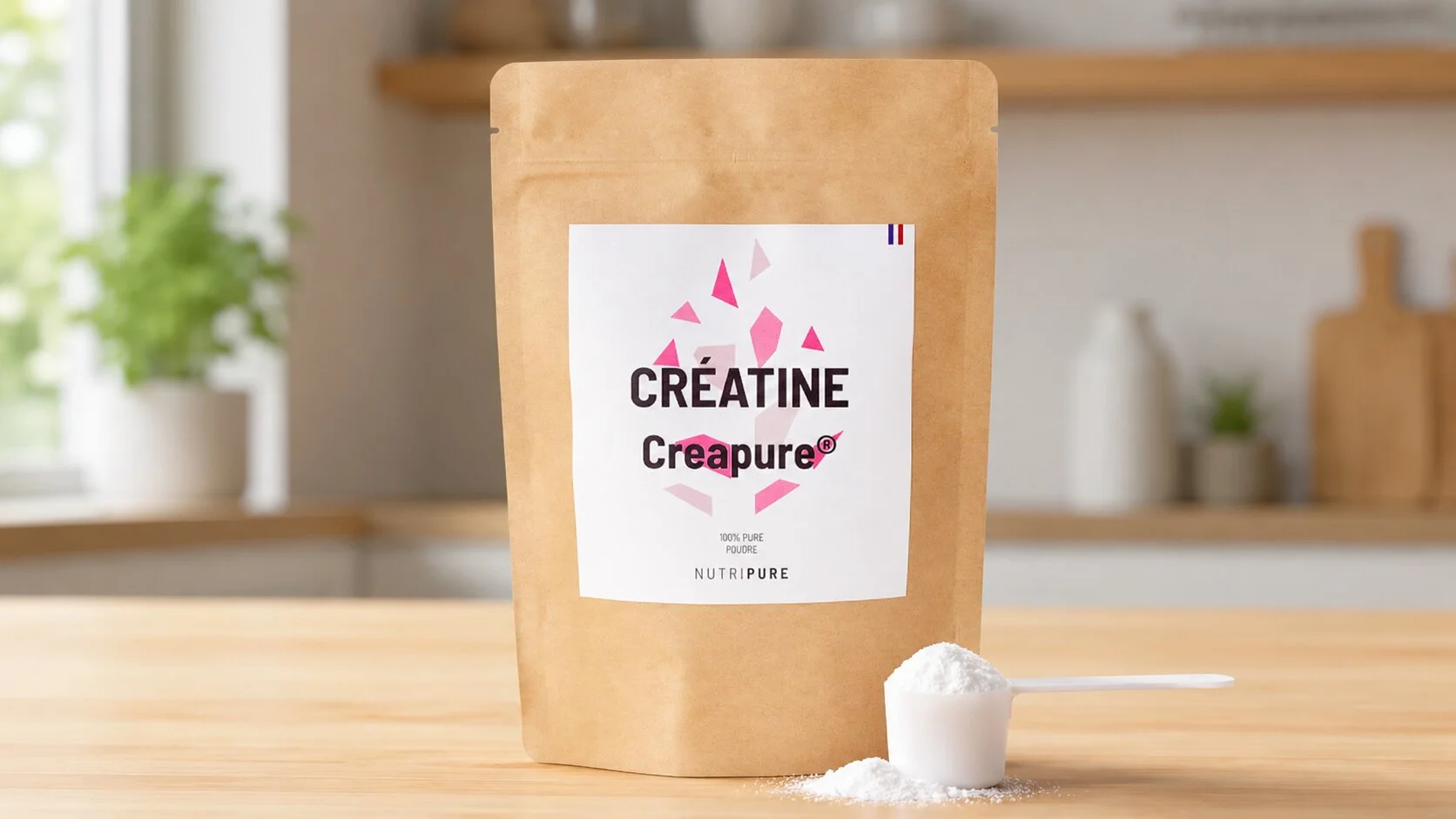 Sachet de cr&eacute;atine monohydrate Creapure Nutripure pos&eacute; sur un plan de travail avec une dosette