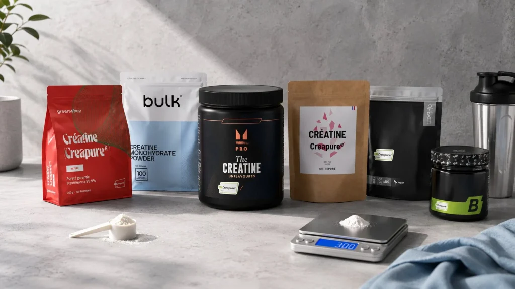 Plusieurs pots de cr&eacute;atine monohydrate align&eacute;s avec une dosette et une balance de cuisine