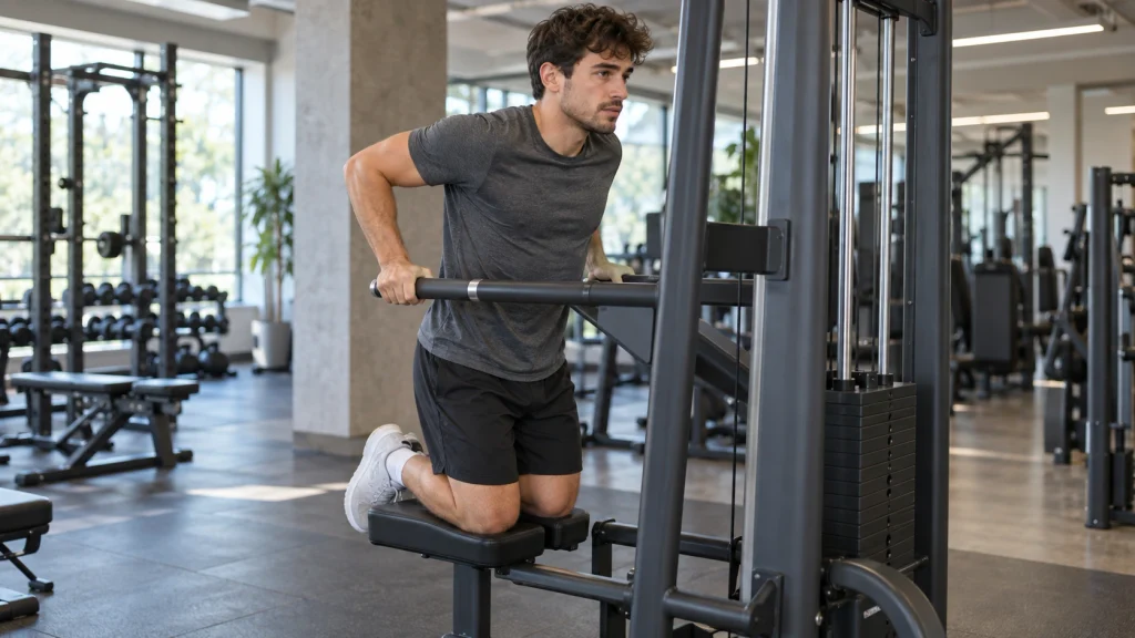 homme qui fait des dips assist&eacute;s a la salle