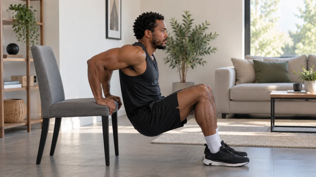 homme qui fait des dips sur chaises dans son salon
