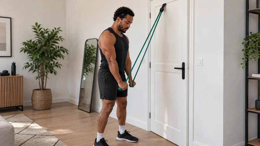 homme qui muscles ses triceps a la maison