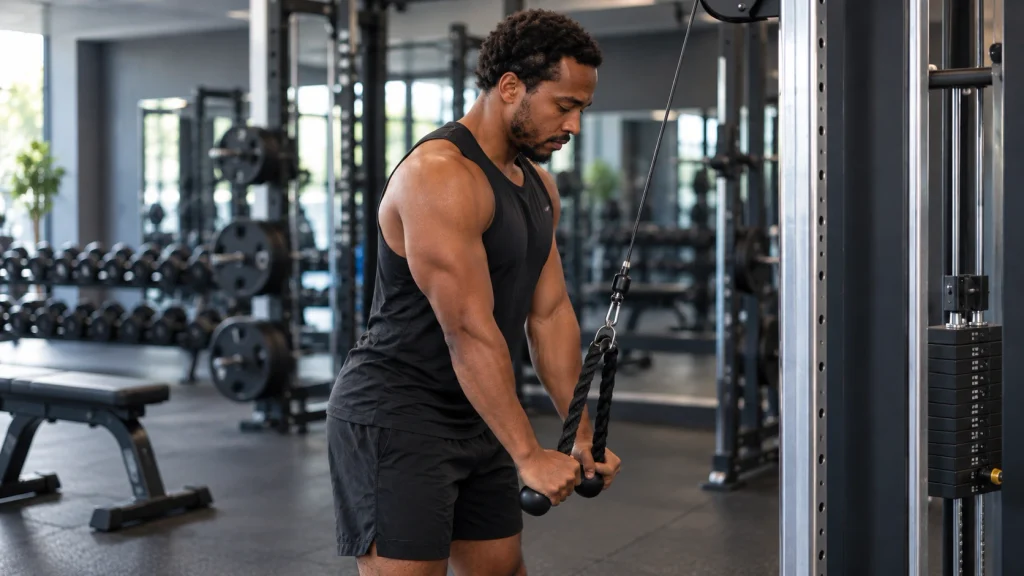 homme qui muscle les triceps &agrave; la poulie haute