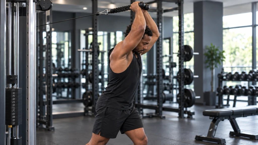 homme qui muscle ses triceps &agrave; la poulie